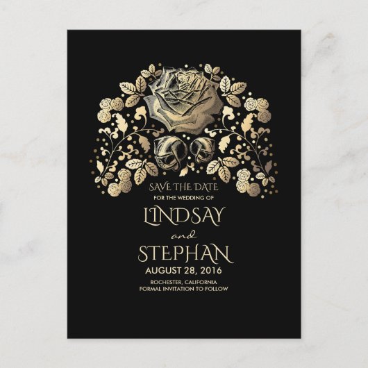 Zwart en Goud Bloemen Save the Date Aankondigingskaart (Voorkant)