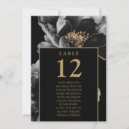 Zwart en Goud Bloemen Tafel Nummer Zitplaatskaart Kaart