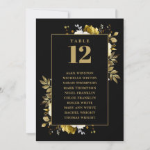 Zwart en Goud Bloemen Tafel Nummer Zitplaatskaart