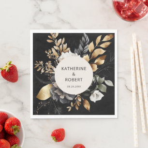 Zwart en Goud Bloemen Trouwpapier Servet