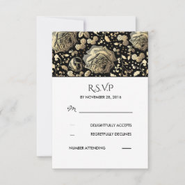 Zwart en Goud Bloemen Vintage Bruiloft RSVP Kaartje