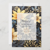 Zwart en Goud Bloemen Winter Bruiloft Kaart (Voorkant)