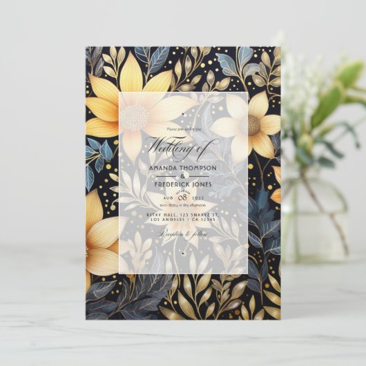 Zwart en Goud Bloemen Winter Bruiloft Kaart (Staand voorkant)