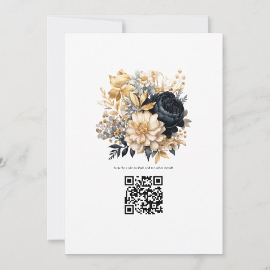 Zwart en Goud Bloemen Winter Bruiloft Kaart (Achterkant)