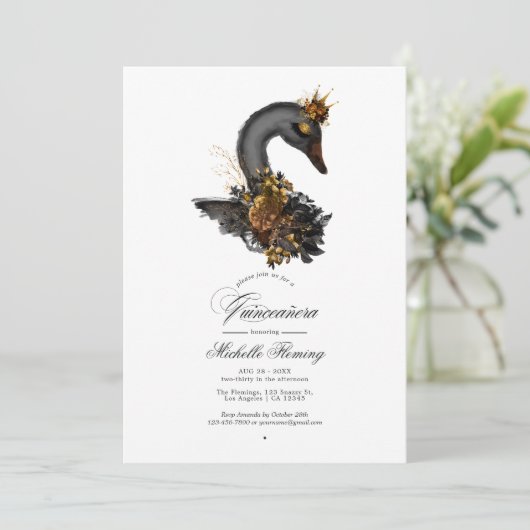 Zwart en Goud Bloemen Zwaan Quinceañera Foto Kaart (Staand voorkant)