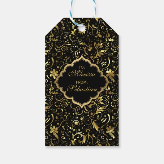 Zwart en goud bloemendamast patroon cadeaulabel (Achterkant)