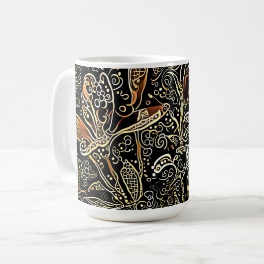 Zwart en goud bloemendesign kunstbeker mok (Voorkant links)