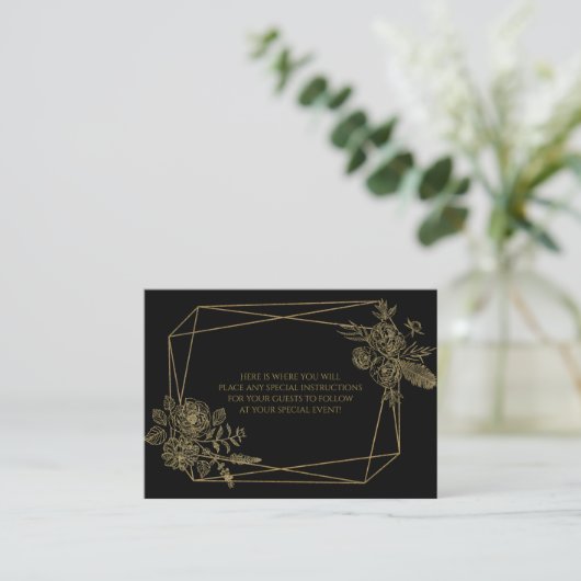 Zwart en goud bloemmotief informatiekaartje (Staand voorkant)