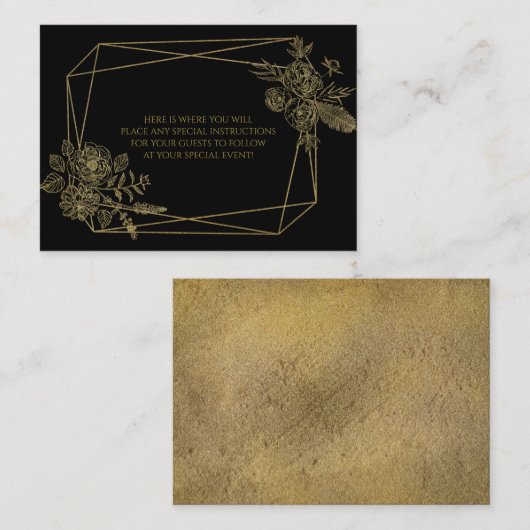 Zwart en goud bloemmotief informatiekaartje (Voorkant / Achterkant)
