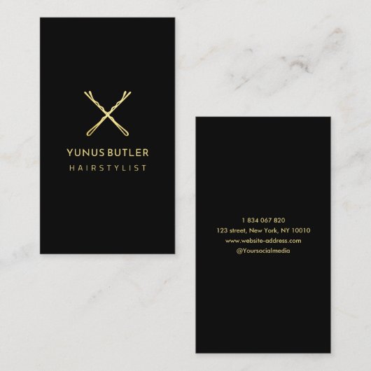 Zwart en goud Bobby Pins Haarstylist Salon Visitekaartje (Voorkant / Achterkant)