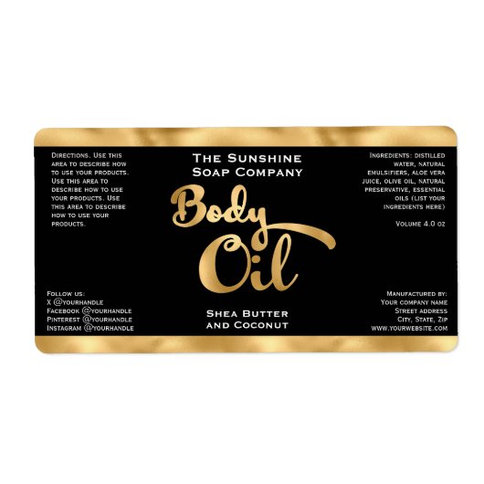 Zwart en Goud Body Olie Fles Label (Voorkant)