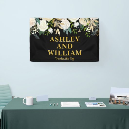 Zwart en goud Boho Bohemian Chic Greenery Wedding Spandoek (Beurs)