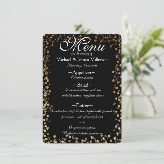 Zwart en Goud Bokeh Print Bruiloft Menu (Staand voorkant)