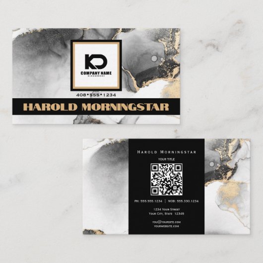 Zwart en Goud BOLD Vierkante Logo en QR Code Visitekaartje (Voorkant / Achterkant)