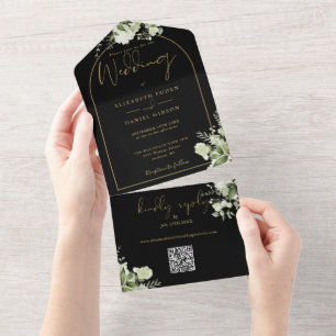 Zwart En Goud Boog Groenelementen QR Code Huwelijk All In One Uitnodiging