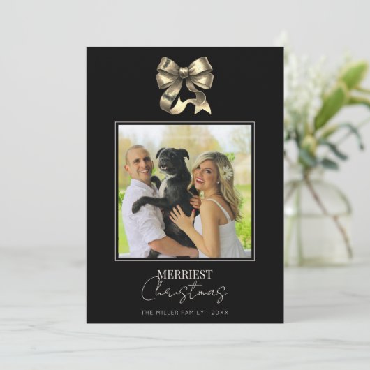 Zwart en Goud Boog Moderne Foto Kerstmis Feestdagenkaart (Staand voorkant)