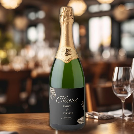 Zwart en Goud Botanische Elegante Bruiloft Sparkling Wijnetiket