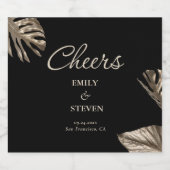 Zwart en Goud Botanische Elegante Bruiloft Sparkling Wijnetiket (Enkel label)