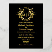 Zwart en goud botanische monogram bruiloft folie uitnodiging briefkaart (Voorkant)