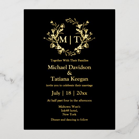 Zwart en goud botanische monogram bruiloft folie uitnodiging briefkaart (Voorkant)