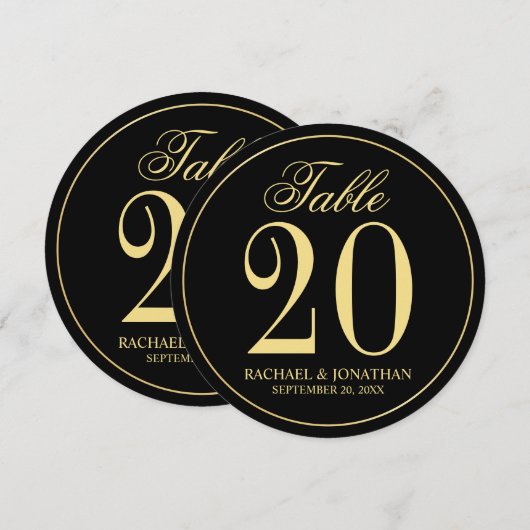 Zwart en Goud Bruiloft Cirkel Tafel Nummer Kaart (Voorkant / Achterkant)