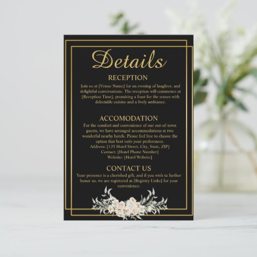 Zwart en Goud Bruiloft Details Behuizing Kaart (Staand voorkant)