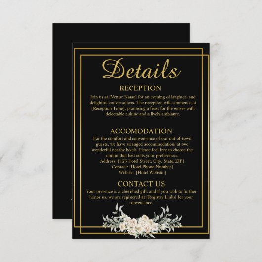 Zwart en Goud Bruiloft Details Behuizing Kaart (Voorkant / Achterkant)