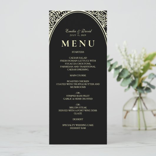 zwart en goud bruiloft diner menu (Staand voorkant)