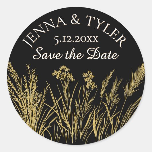 Zwart en goud bruiloft Elegant Gepersonaliseerd Ronde Sticker (Voorkant)