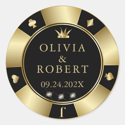 Zwart en goud bruiloft poker chips ronde sticker (Voorkant)