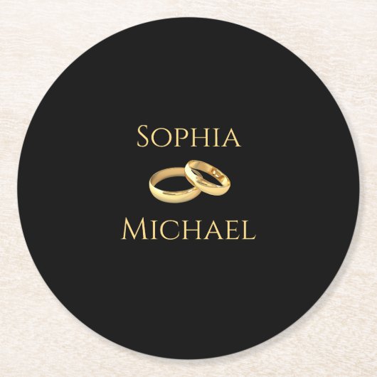 Zwart en goud-bruiloft ringen- ronde kartonnen onderzetter (Voorkant)