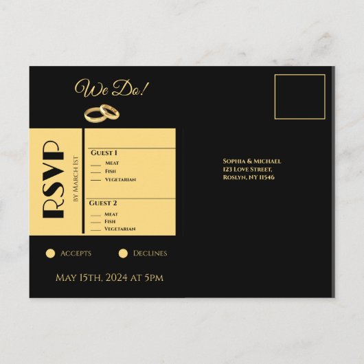 Zwart en goud-bruiloft RSVP- Uitnodiging Briefkaart (Achterkant)