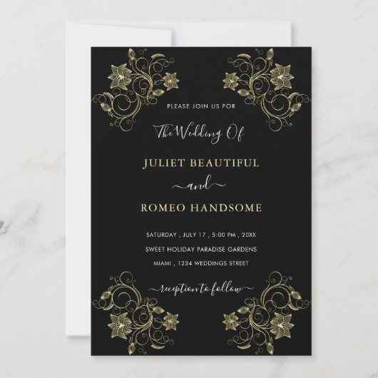 Zwart en Goud Bruiloft uitnodiging met Bloemen (Voorkant)