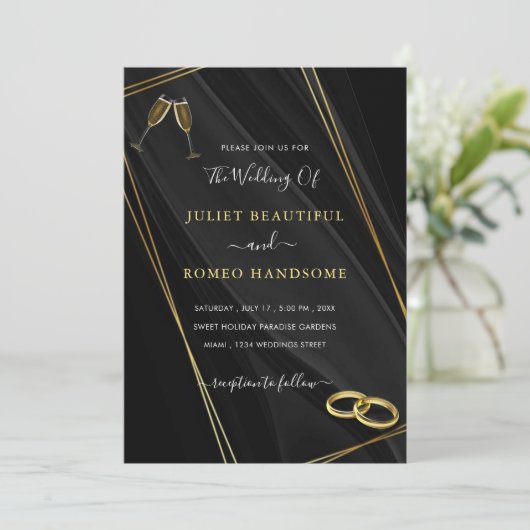Zwart en Goud Bruiloft Uitnodiging Ringen Champagn (Staand voorkant)