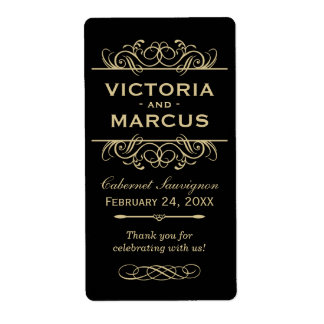 Zwart en Goud Bruiloft Wijnfles Monogram Favor Etiket