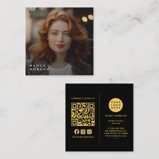 Zwart en Goud Business Logo Foto QR-code Vierkante Visitekaartje (Voorkant / Achterkant)