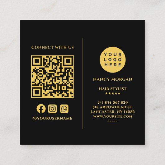 Zwart en Goud Business Logo Foto QR-code Vierkante Visitekaartje (Achterkant)