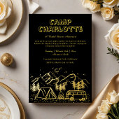 Zwart en Goud Camping Vrijgezellenfeest Folie Uitnodiging