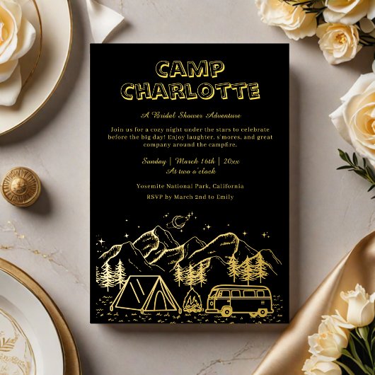 Zwart en Goud Camping Vrijgezellenfeest Folie Uitnodiging