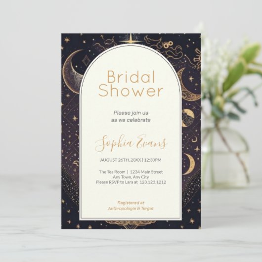 Zwart en Goud Celestial Moon Stars Vrijgezellenfee Kaart (Staand voorkant)