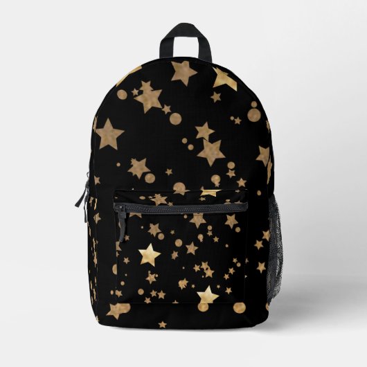 Zwart en Goud Celestial Stars en Polka Dots Bedrukte Rugzak (Voorkant)