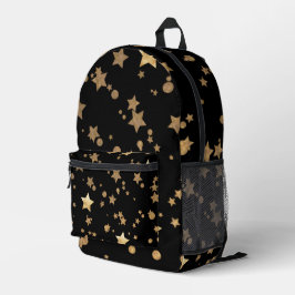 Zwart en Goud Celestial Stars en Polka Dots Bedrukte Rugzak