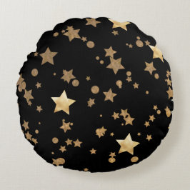 Zwart en Goud Celestial Stars en Polka Dots Rond Kussen