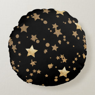 Zwart en Goud Celestial Stars en Polka Dots Rond Kussen