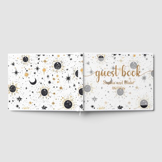 Zwart en Goud Celestial Zon Maan Sterren Bruiloft Gastenboek (Volledig)