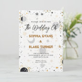 Zwart en Goud Celestial Zon Maan Sterren Bruiloft Kaart (Staand voorkant)