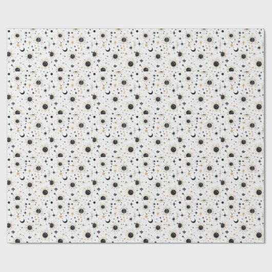 Zwart en Goud Celestial Zon Maan Sterren Cadeaupapier (Vlak)
