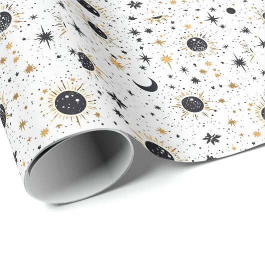 Zwart en Goud Celestial Zon Maan Sterren Cadeaupapier (Rol Hoek)