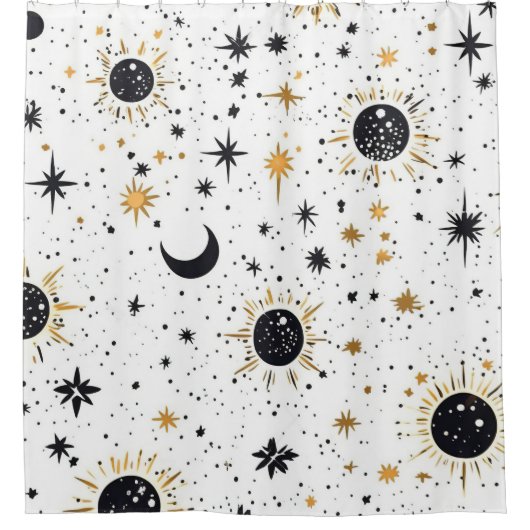 Zwart en Goud Celestial Zon Maan Sterren Douchegordijn (Voorkant)