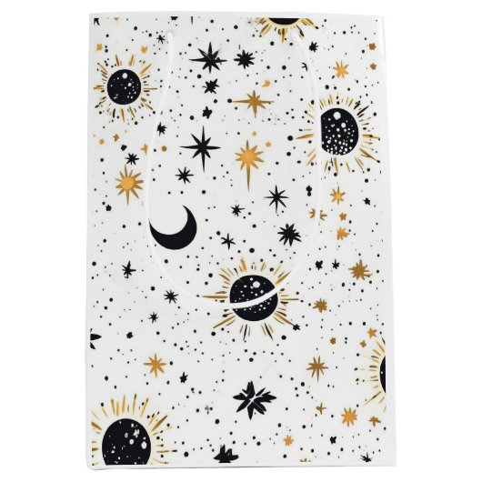 Zwart en Goud Celestial Zon Maan Sterren Medium Cadeauzakje (Voorkant)